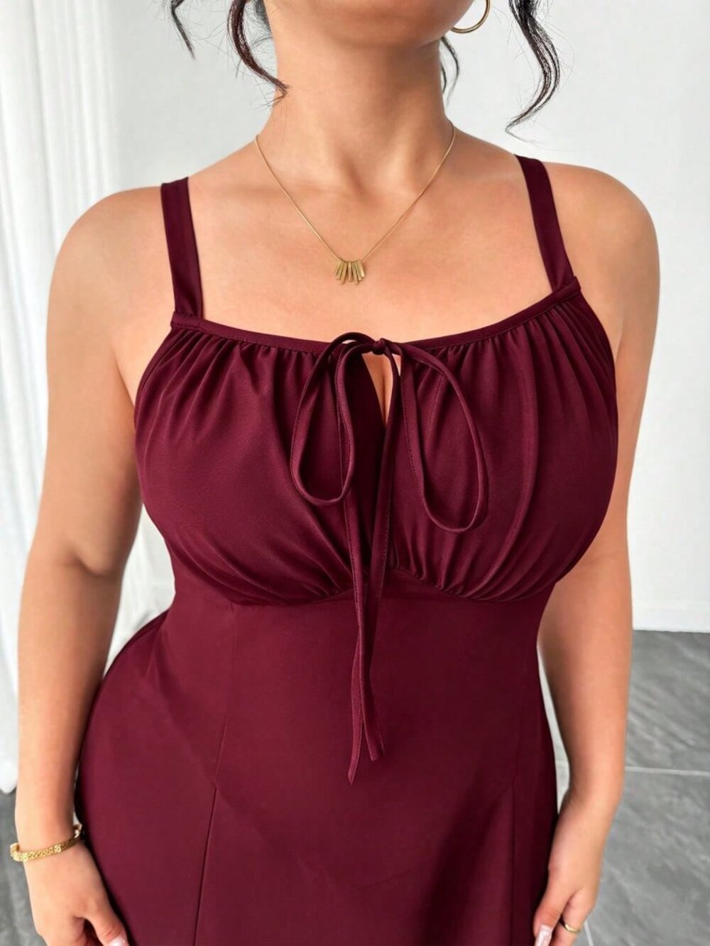 Burgundy Casual Women's Slim Fit Puff Sleeve High-Waisted Long Dress - Picture 4 of 4